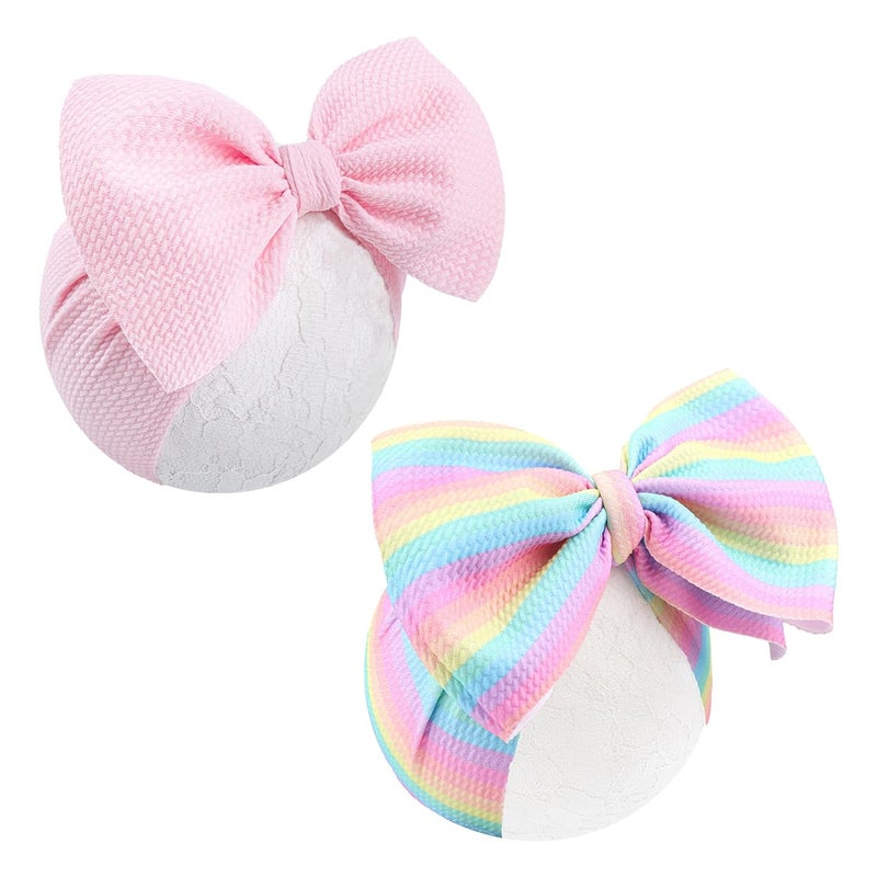 ONENINEDREAM Rainbow Headbands for Baby Girls Hair Bows 2pcs Newborn Infant Toddler Kids Hair Accessories Pink Head Bow Colorful Stripes - Image 1